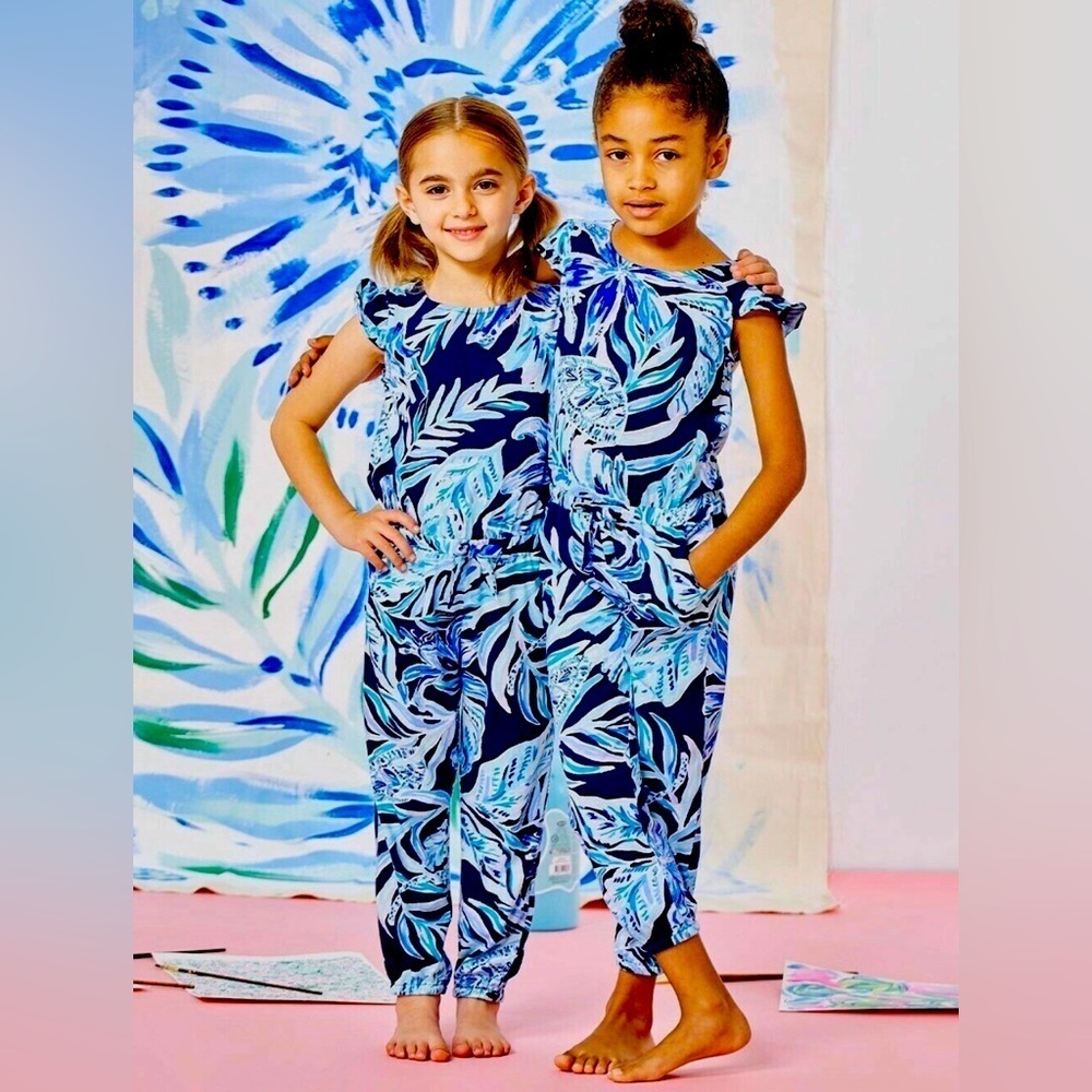 Lilly Pulitzer Odessa Jumpsuit Girls High Tide Navy Blue Floral Romper Jumpsuit